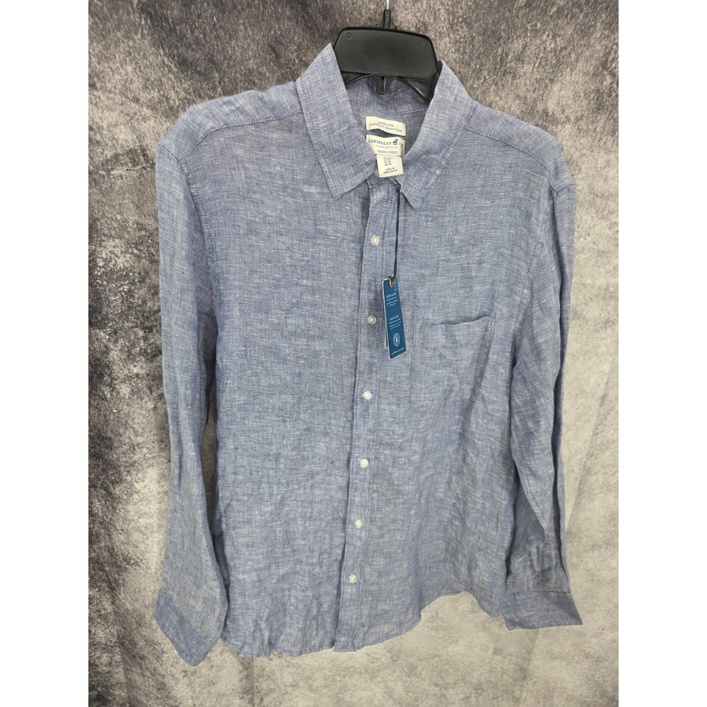 Caribbean Joe Shirt Mens Medium Blue Linen Long Sleeve Minimalist Preppy New